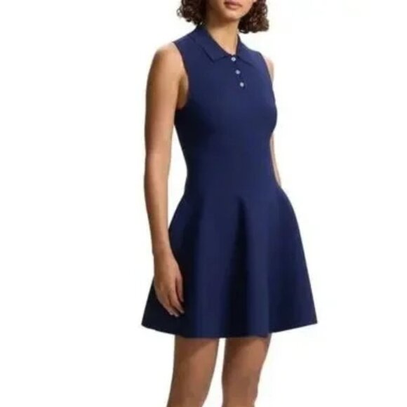 395$ Theory Fit & Flare Skirt Polo Dress Sleeveless Womens Size L Midnight Blue - Picture 3 of 4